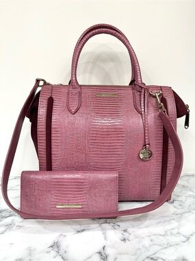 Brahmin Caroline Satchel & Wallet in Rose Thornfield Lizard Embossed Mauve NWOT